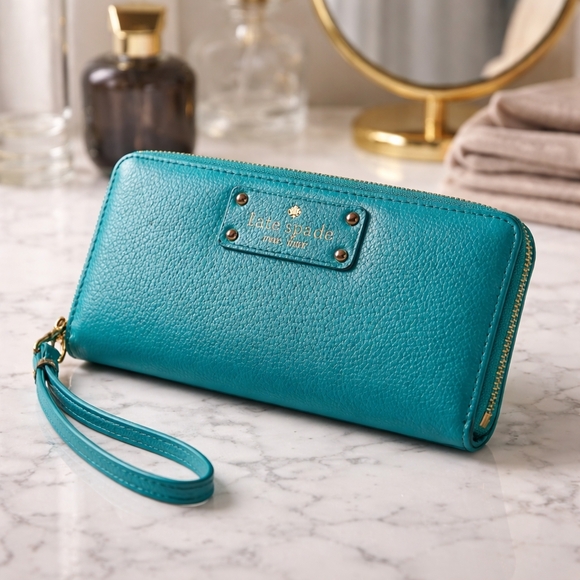 kate spade Handbags - Kate Spade Turq. Blue Leather Zip Wallet